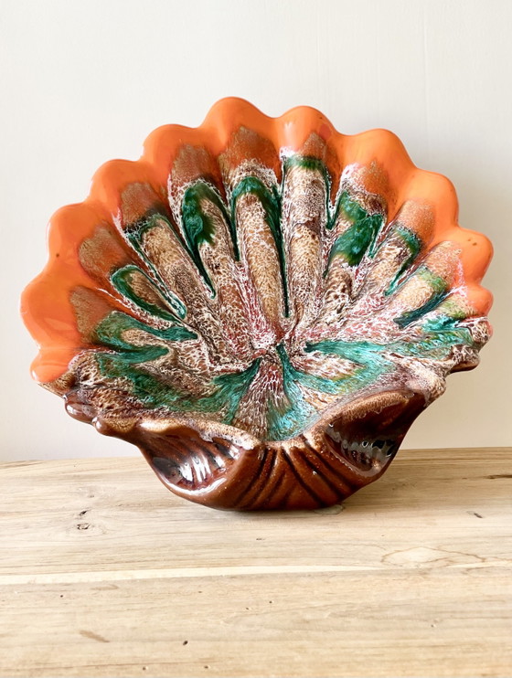 Image 1 of Vintage French Scallop Shell Bowl · Jaspe Marbled Glaze · Vallauris Style · Mid-Century Pottery · Ceramic Sculpture