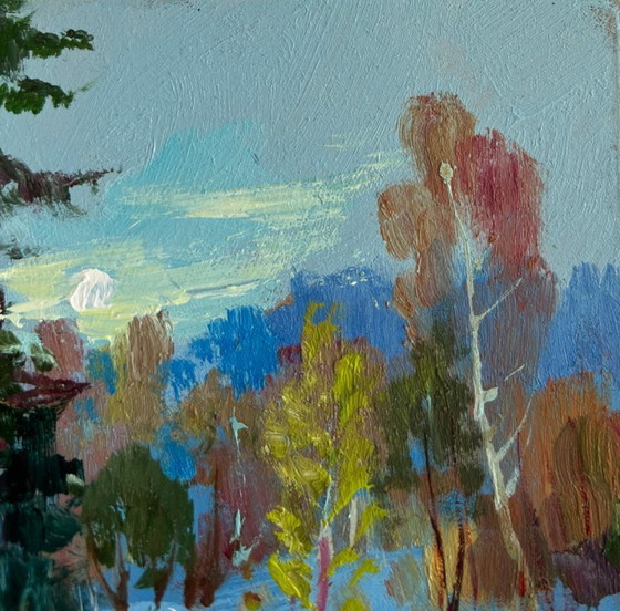 Image 1 of Original Oil Painting Winter Forest Landscape Winter sunset in the forest
