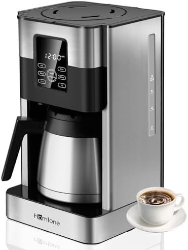 Homtone Machine à Café Programmable 1000W, 8 Tasses Avec Minuterie, Carafe Thermique en Acier Inoxydable, Arrêt Automatique, Sys
