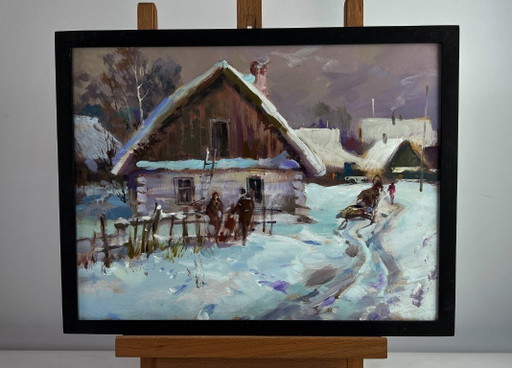 Original Oil Painting Night Houses Landscape Busy winter street of the village