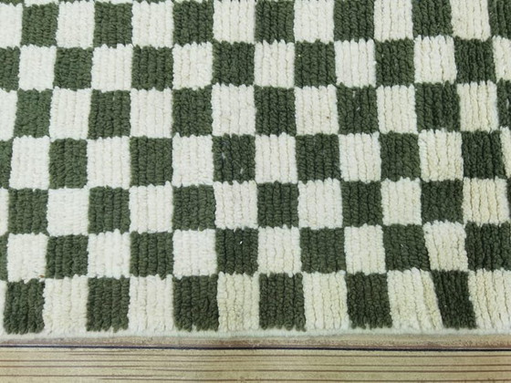 Image 1 of Handmade Moroccan wool rug: 300/70 cm abstract olive green checkered hallway runner