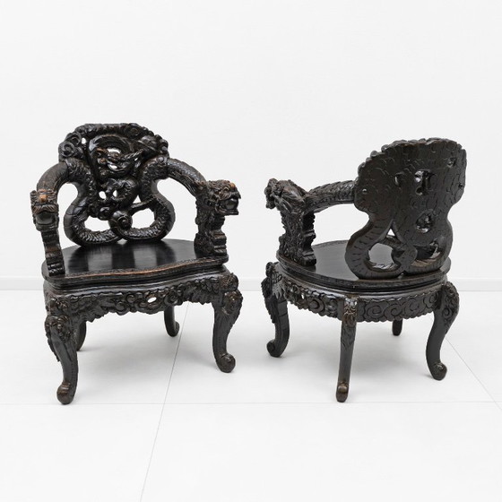 Image 1 of Pair of Chinese Qing Dynasty Carved Dragon Armchairs, Ebonized Hardwood, 19th
