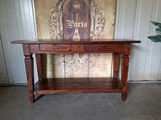 Teakhouten sidetable, wandtafel console  afm: 140x45cm en 77cm hoog.

