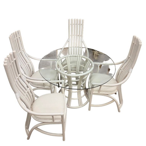 Complete Manou Eethoek Eetkamerstoelen en Eetkamertafel 120 cm – eetkamerset, Glass, Rattan (photo 2 of 6)