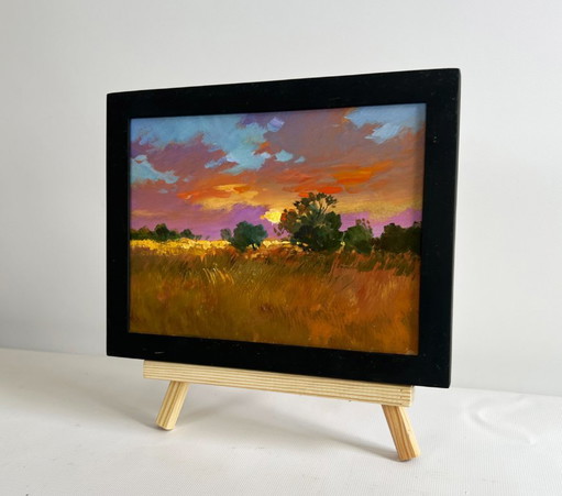 Original Oil Painting Sunset Field Landscape Gold of the passing day