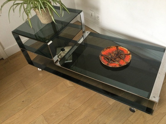 Image 1 of Salontafel / Laag kastje, Italiaans design in gerookt glas en staal