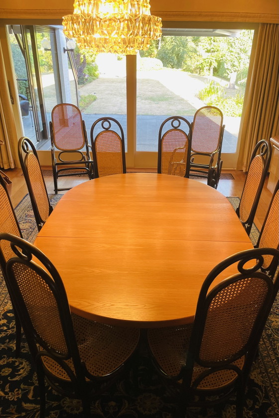 Unique THONET XL set: 10x vintage Thonet 'Long John' chairs + optional extendable dining table (photo 13 of 13)