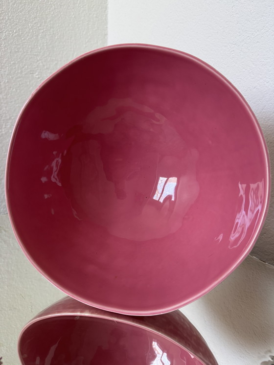 Image 1 of Grande coupe sur pied faïence Digoin rose