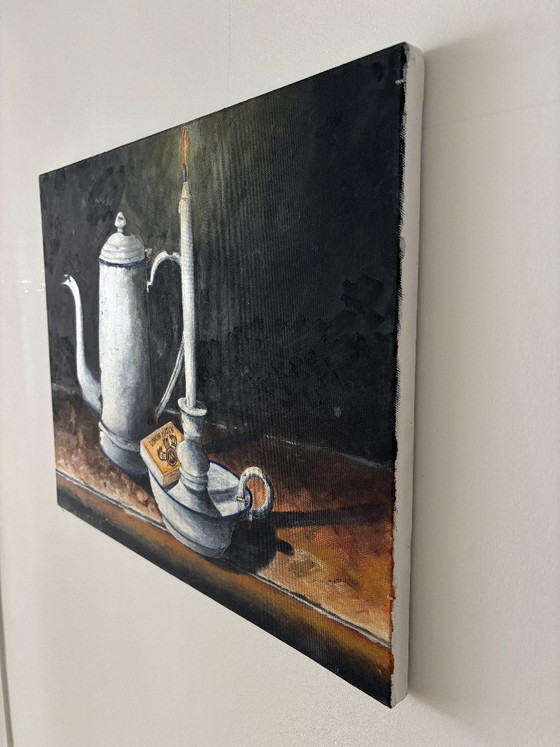 Vintage Still Life Painting – Coffee Pot & Candle – Oil on Canvas – Paintings & Drawings (photo 5 of 8)
