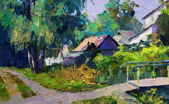 Image 1 of Origineel olieverfschilderij: Landelijk landschap, zomerdorp, over de brug in het bos.