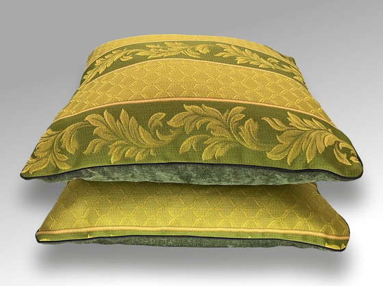 Image 1 of Rubelli – Neues 2er-Set – Grün-goldenes Barockblattmotiv