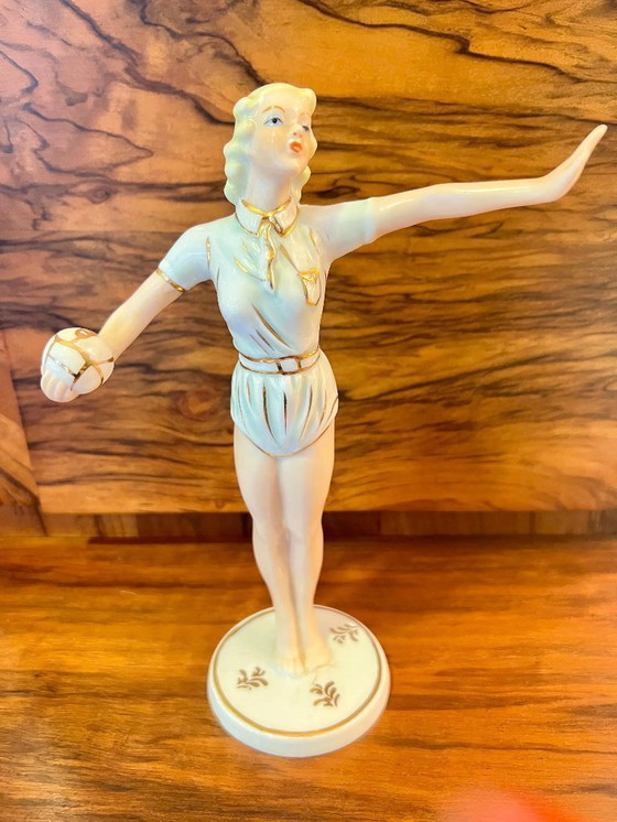 Image 1 of Art Deco porcelain figurine, Neuendorf decorative porcelain &quot;Girl with Ball&quot; aka &quot;Volleyball Player,&quot; circa 