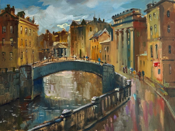 Image 1 of Original Oil Painting Gloomy City Landscape The heart of the city above the river