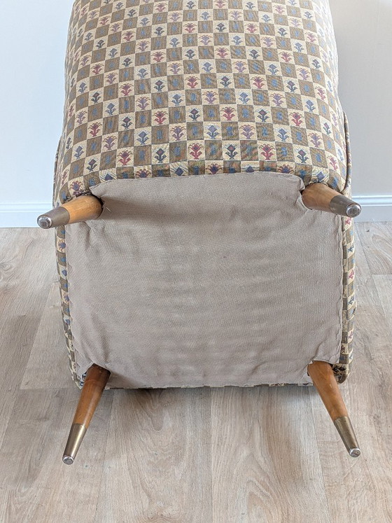 Vintage 1950s Belgian Wingback Armchair – Original Graphic Upholstery & Compass Legs – Brass, Wood (photo 10 of 12)