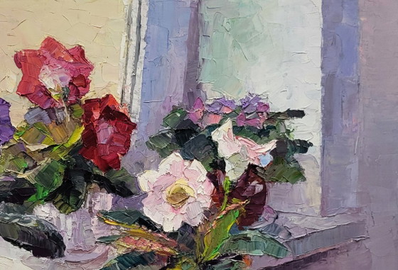 Original Oil Painting Floral Still Life Flowers on the Window Gloxinia in a Vase – Paintings & Drawings (photo 5 of 7)
