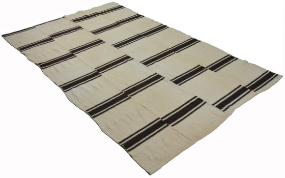 Minimal Vintage Anatolian Kilim – Cream & Black Striped Handwoven Wool Flatweave Rug 281 x 185 cm (photo 5 of 10)