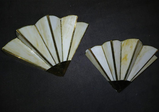 Image 1 of 2 TIFFANY-STYLE ART DECO FAN-SHAPED WALL LIGHTS IN VINTAGE GLASS PASTE