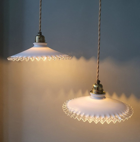 Set Vintage Pendant lamps Opaline glass - Transparent Decorative Edge – Metal (photo 2 of 24)