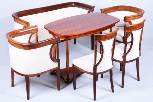 Gerestaureerde art-deco zitset, palissanderhout, opnieuw bekleed, Frankrijk. Jaren 1920. – eetkamerset, Textile, Wood