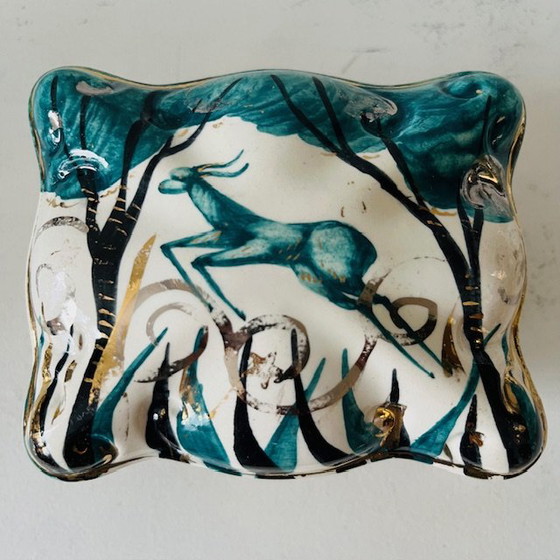 Image 1 of Vintage bonbonnière turquoise deer gold porcelain 1960's