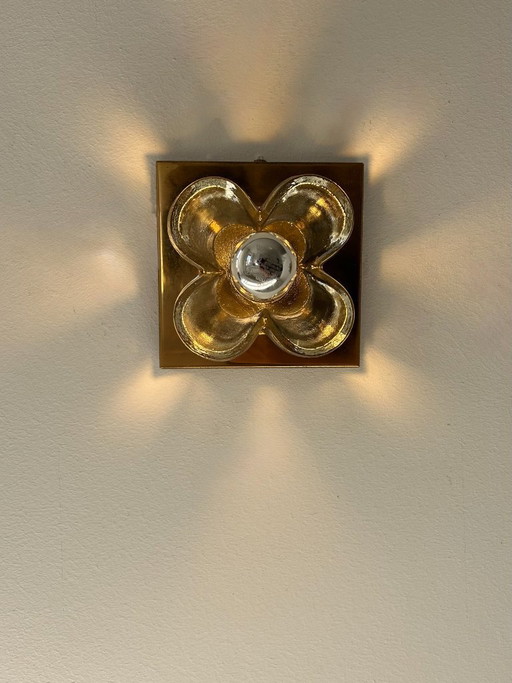 Pair of vintage wall sconces, floral pattern, brass and glass, Germany, 1970