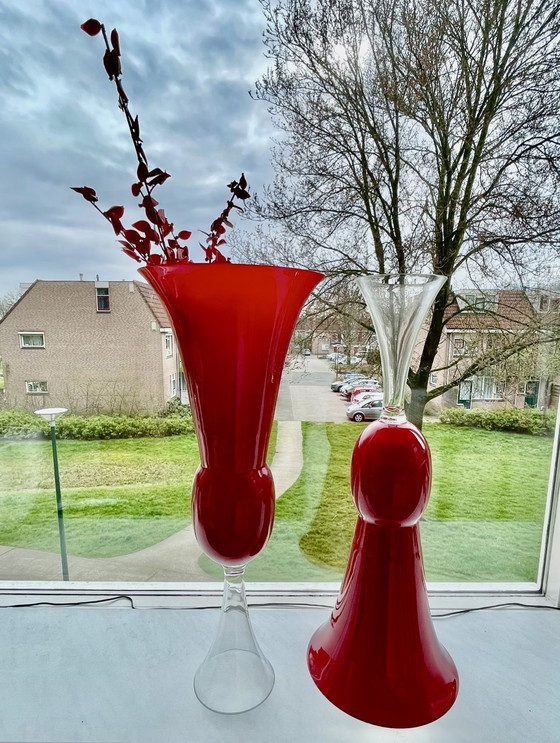 Image 1 of 2 red and white vases with 5 decorative branches made of glass