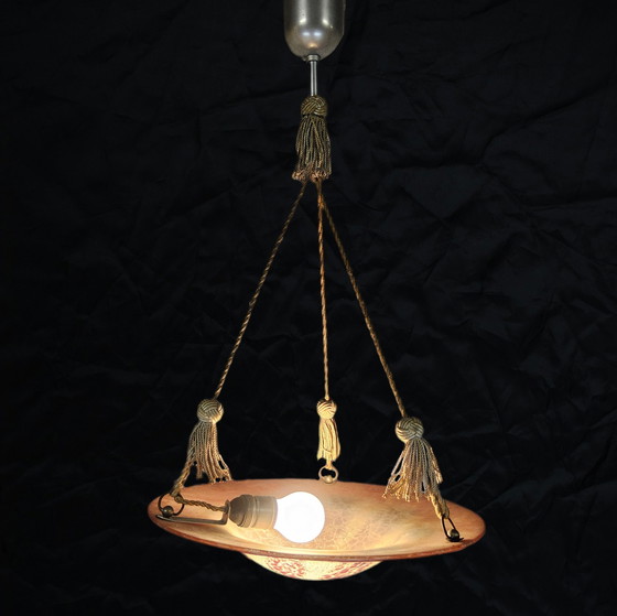 Image 1 of Antieke Oranje Duits Art Deco WMF Ikora Glazen Hanglamp 1930s / glass art deco orange hanging light 