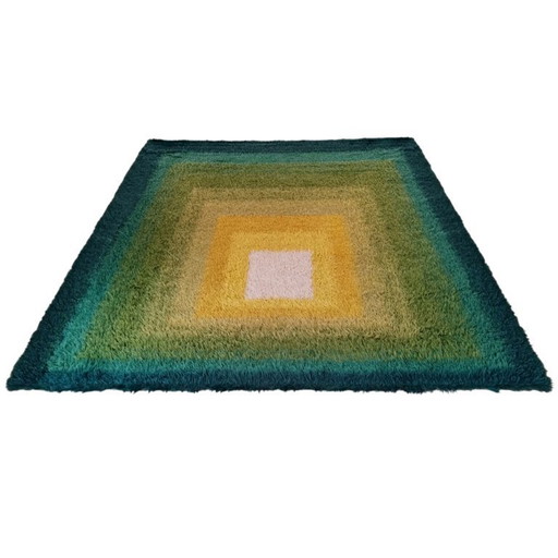 1970s Mid-Century Modern "Homage to the Square" Shag Rug – Geometric Op-Art Textile / Wall Tapestry