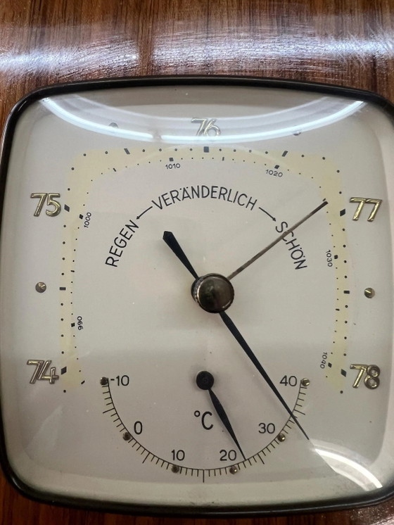Vintage Mid Century Weather Station 1960s Wooden Barometer Thermometer Wall Unit Danish Modern Teak Look (photo 7 of 7)