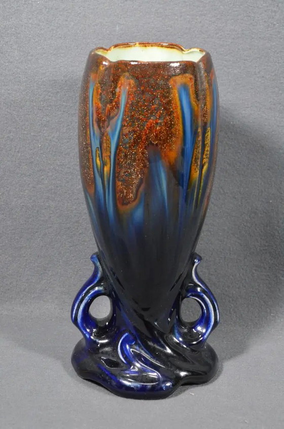 1920s Belgian Art Deco Thulin Model 1943 Blue Drip Glaze Ceramic Vase (photo 2 of 11)