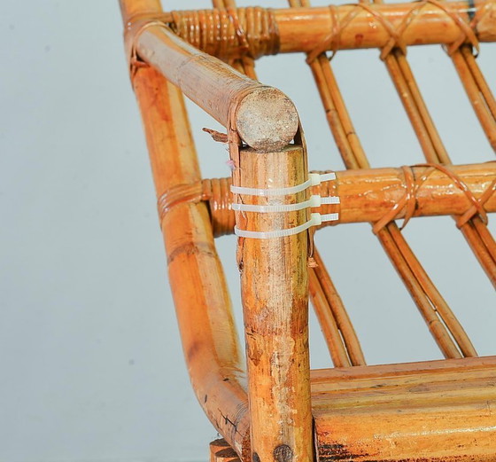 Image 1 of Fabulous Mid-Century Design Six Strand Rectangular Rattan 3-Seat Sofa with Frost Blue Fabric Cushions Attributed to Paul Frankl