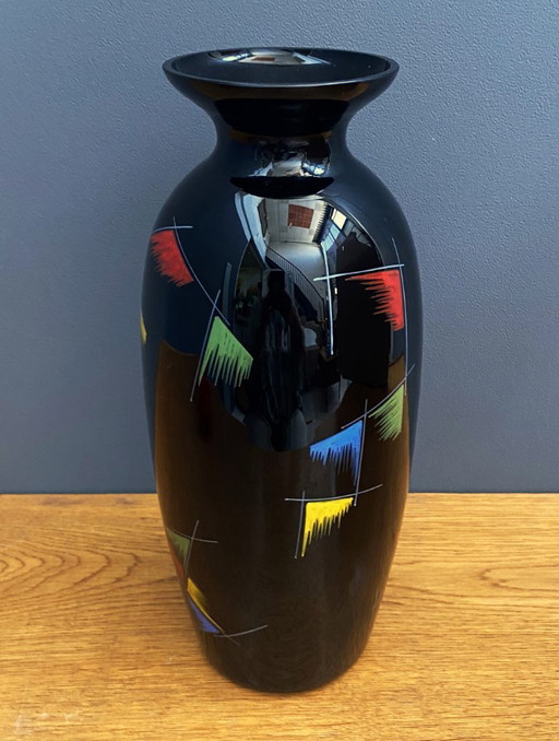 Black glass vase with red, green, blue and yellow details 1960s
