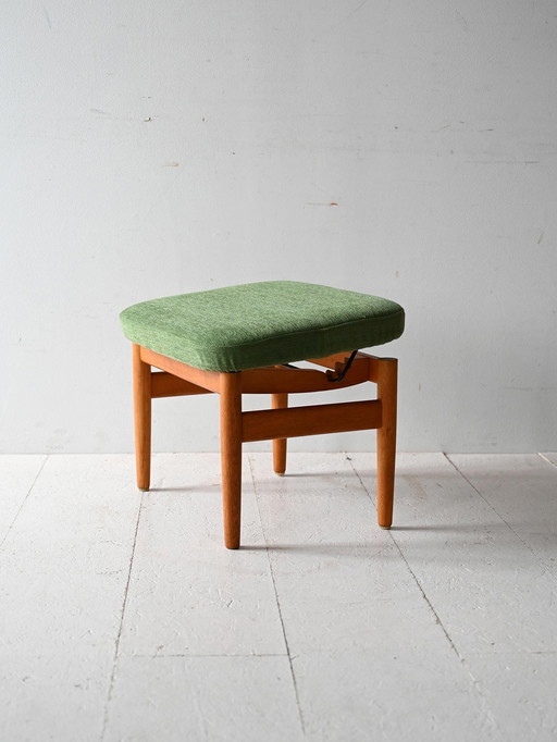 Vintage Scandinavian adjustable footstool with green chenille cushion