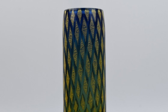 Josef Hospodka vase, Chřibská glassworks, design 1966 – blue/yellow net pattern, 27 cm – Chribska (photo 4 of 8)