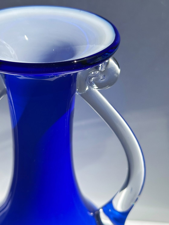 Image 1 of Vintage handle vase frosted glass blue cobalt ultramarine flower vase 80s postmodern Memphis