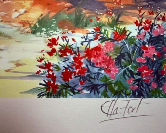 Image 1 of Ella Fort: "L'Arrivée." Hand signed, E.A. color lithograph.