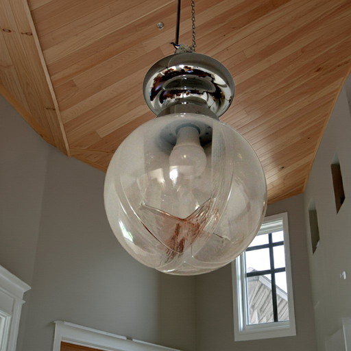 Chrome ceiling lamp, blown Murano glass, Italy 1960s