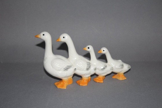 Image 1 of Goebel cute goose family in single file, vintage art ceramic from the 1960s