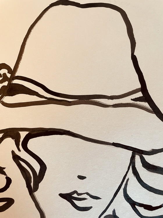 Image 1 of Retrato femenino de moda, "Sombrero", pintura firmada, grabado en tinta china