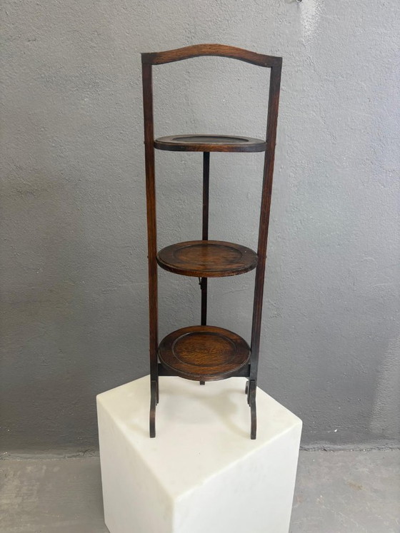 Image 1 of Vintage 3-Tier Cake Stand Dark Wood Serving Stand 1920s Europe