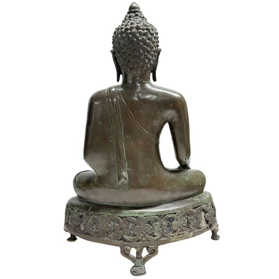 Monumental Buda Shakyamuni de bronce fundido S. XIX sobre trono de altar calado – Estilo Lan Na / Tibetano (photo 7 of 11)