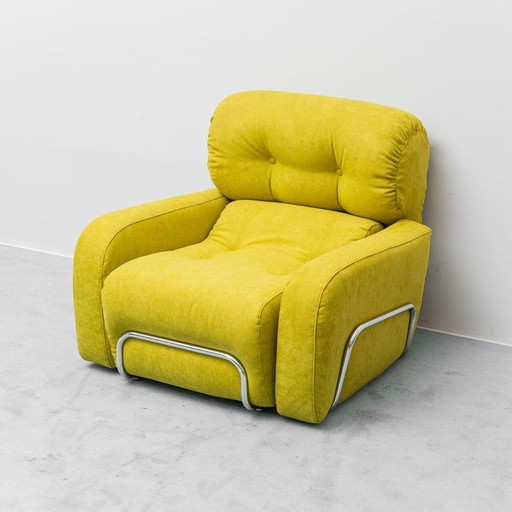 SILLÓN VERDE VINTAGE DE LOS AÑOS 70 CON ESTRUCTURA METÁLICA – DISEÑO MODERNO ITALIANO