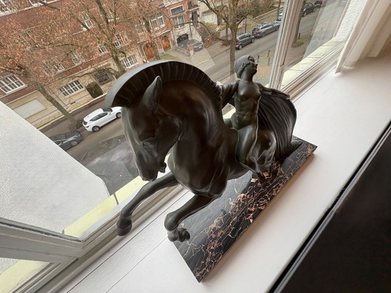 Image 1 of Escultura monumental Art Déco de Charles Lemanceau (Charles), década de 1930: figura alada a caballo