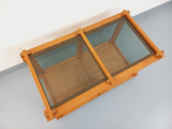 Image 1 of Vintage rectangular coffee table in pine and smoked glass from the 70s and 80s