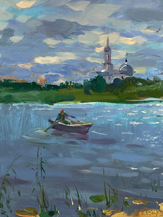Image 1 of Origineel olieverfschilderij: Natuurlandschap, Kerk, Boot, Zomer, Vissen op de rivier