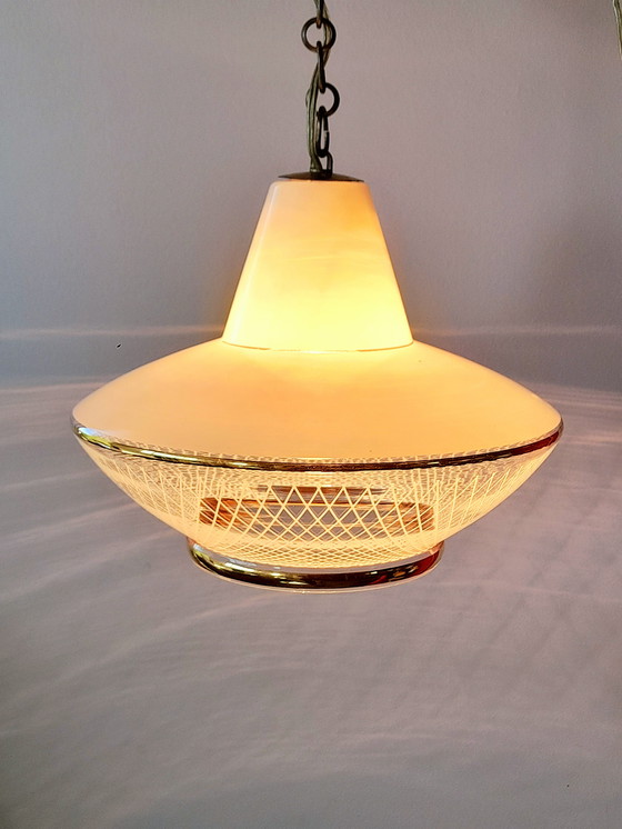 Image 1 of UFO silkscreened glass pendant light, 1970