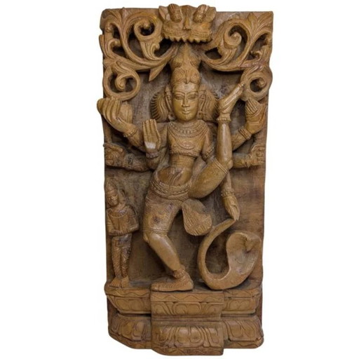 Antiek Houten Tempelreliëf van Shiva Nataraja Wanddecoratie – Zuid-India, 19e Eeuw