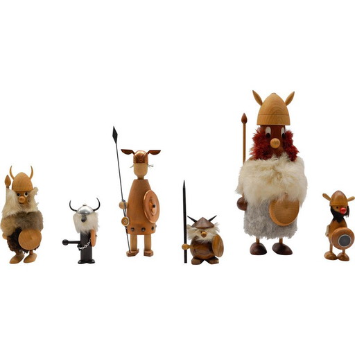 Set of 6 vintage wooden vikings, 1950