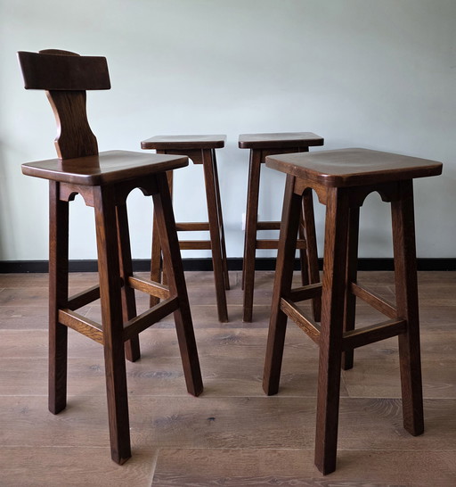 Vintage eiken barkrukken set met kapiteinstoel