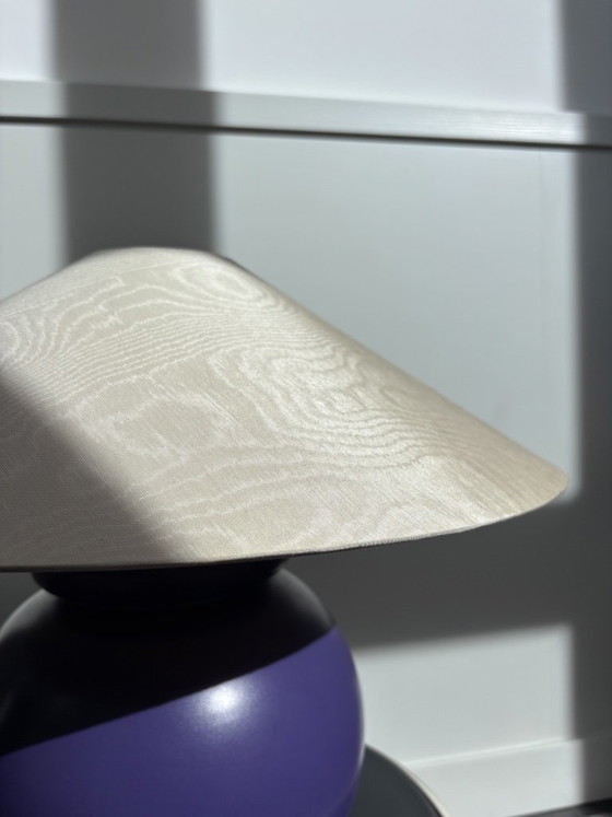 Postmodern Kostka France Table Lamp (Purple, 1980s) with Vintage Moiré Shade – Ceramic (photo 3 of 14)